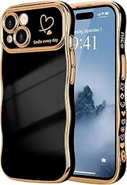 ELEPIK for iPhone 15 Case for Women Girls, Cute Wave Frame Curly Shape with Love Heart, Raised Camera Protection, Luxury Plating Shockproof for iPhone 15 Phone Case, Black