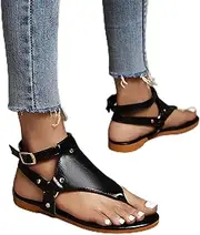 [JSMY] Womens Sandals Summer Beach Flip Flops Thongs Ladies Buckle Design T-Strap Flat Shoes Gladiator Clip Toe Slingback Casual Anti Slip Vacation Walking Shoes,Black,US12/EU43