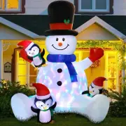 7Ft Christmas Inflatable Seated Snowman with 3 Penguins,Built-in Colorful Rot...