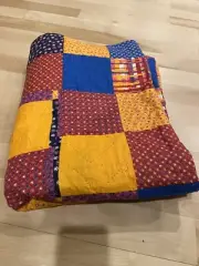 Vtg Handmade Summer Cotton Block Quilt Twin Bed 60” x 83” Bright Colors/ Prints