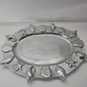 Pewter Coastal Nautical Oval Shell Serving Platter Conch Starfish Pattern