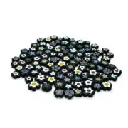 Black Colour Mixed Flower Shaped Millefiori, 100g ( 100 pieces), Dia 9-13mm