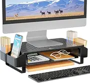 WALI Monitor Stand with Storage, Monitor Stand Riser with Ventilation Drawer and Side Storage, Laptop Stand Riserfor Desk, Printer Stand, Desk Organizer for Monitor(STT007), Black, 1 Pack