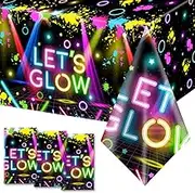 HAKOTI 3Pack Glow Neon Party Tablecloth - Let Glow Party Theme Party Decoration Disposable Plastic Rectangle Table Cover for Black Light Party Decoration,Birthday Party,Glow in The Dark Pool Party