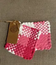 2 Handmade Potholders Cotton Woven Loom Hot Pads Oven Mitt Trivet - Pink NEW
