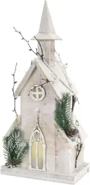 Melrose Christmas Decor - Pre-lit Wooden Snowy White Church 18.75" Tall