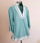 Sherry Taylor Teal Aqua Blue & White Linen Blend, V Neck Tunic Top, Womens XL