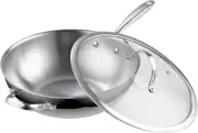 Wok Pan Stainless Steel, 12-Inch Multi-Ply Clad Stir Fry Pan with Glass Lid, Ind