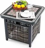 Costway 55cm Outdoor PE Rattan Side Table, All Weather Patio End Table with Resin Checkerboard Designed Tabletop for Entertainment, Umbrella Hole, Metal Frame, Outdoor Coffee Table for Backyard