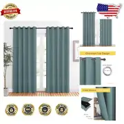 Solid Greyish Blue Blackout Grommet Curtains - 2 Panels for Bedroom Privacy