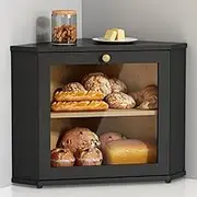 Goozii Corner Bread Box for Kitchen Countertop, Black Bread Storage Container for Homemade Bread, Two Layer Breadbox under Cabinet Mount, Large Bread Holder for Kitchen Counter, Panry Shelf