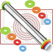 Rolling Pin and Silicone Baking Pastry Mat Set, Stainless Steel Dough Roller