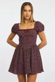 Red Ditsy Fit And Flare Dress Puff Sleeve - Size 16XL, Women's Skater Dress