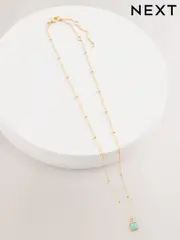 Gold Plated Sterling Silver Square Stone Ball Chain Necklace (AU7365) | $60