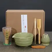 Taefuhnn 6 Pcs Matcha Whisk Set Making Kit with Bamboo Scoop Whisk Holder Plucker Rack, Green Ceramic Matcha Bowl with Spout Tea Accessories Set for Tea Lovers