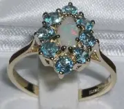 Solid 10k Yellow Gold Natural Opal & Blue Topaz Womens Cluster Ring
