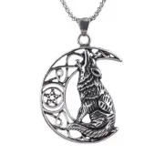 Stainless Steel Hollow Crescent Moon Wolf Pendant Necklace