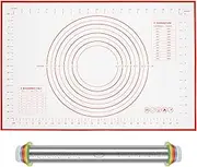 Rolling Pin and Silicone Baking Pastry Mat Set, Stainless Steel Dough Roller with Adjustable Thickness Rings, Nonstick Dough Rolling Pin, Baking Supplies for Fondant Pizza Pie Cookies Pastry Pasta
