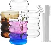 ALINK Ribbed Drinking Glass Cups with Glass Straws Set of 4, 12 oz Aesthetic Iced Coffee Glasses, Wave Bubble Glasses Tumbler, Ripple Glassware, Beer Glasses for Coctail, Milk, Soda, Gift with Brush