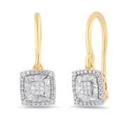 Diamond Set Square Halo Drop Earrings in 9kt Yellow Gold