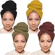 PWEOUKE 4 Pcs Head Wraps for Women Solid Color Soft African Head Scarf for Hair Jersey Turban Long Breathable Head Band Tie for Woman, 4 Pcs-black,army Green,yellow,coffee