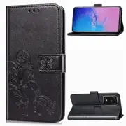 For Samsung Galaxy S20 Ultra Case, Four-leaf Clover PU Leather Wallet Cover with Lanyard & Stand, Black