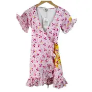 NWT All Things Mochi Women's Dory Silk Wrap Mini Dress Pink Size XS New
