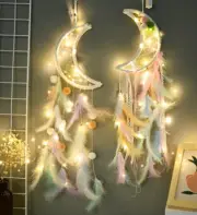 Cute Moon Dream catcher Room Wall Hanging Decor with Light Colorful Feather