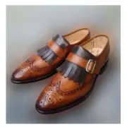 Handmade Men's Dark Brown Black Leather Tasseled Monk Strap Casual Shoes, Sale !