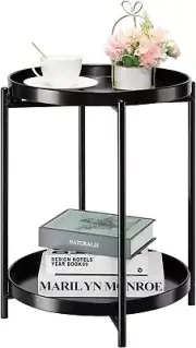 danpinera 2-Tier Round Side Table, Metal End Table with Removable Tray, Black