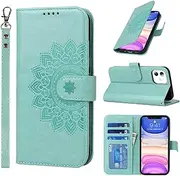 Cavor Wallet Case for iPhone 11 6.1'' PU Leather Case Magnetic 3D Embossed Flower Women Flip Kickstand with Card Holder Wristlet Hand Strap Protective Cover-Flower Light Green