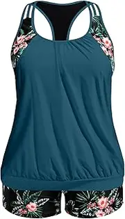 [Holipick] Plus Size Tankini Swimsuit for Women Two Piece Tummy Control Bathing Suit Blouson Racerback Tankini Top with Shorts, Green and Flower, 20 Plus