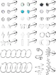 [Sanfenly] 26 Pairs Surgical Steel Flat Back Stud Earrings for Women Men 20G Hypoallergenic Tiny Cartilage Earring Stud Hoops Star Moon Butterfly CZ Helix Daith Earrings Piercing Jewelry