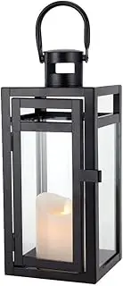 TRIROCKS Metal Lantern Candle Holder 30 cm High Decorative Tea Light Candle Holder with Tempered Glass for Christmas Home Decor Living Room Parties Events Tabletop Indoors Outdoors (Black)