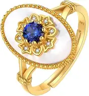 [Tomovely] Vintage Ring Gold Gemstone Ring for Women 925 Sterling Silver Blue Sapphire Engagement Ring For Women Vintage pearl shell ring with adjustable opening 6-9