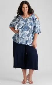 Autograph Top Plus Size 26 Tunic Shirt Blouse Elbow Sleeve Blue Floral NEW RP$90