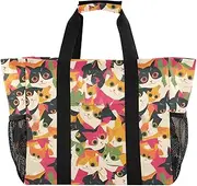 [sanluoli] Beach Tote Foldable Beach Bags Water Resistant Canvas Carrying Tote, Retro Cartoon Cats Colorful, 1 size