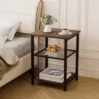 Side Table with 3 Tier Storage Shelf | Slim End | Small Nightstand Space, Brown