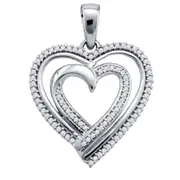 14k White Gold Round Diamond Double Nested Heart Pendant 1/4 Cttw