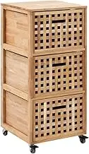 Solid Walnut Wood Bathroom Cabinet 41x41x91 cm with 3 Baskets and Wheels, Natural Finish Storage Organizer for Towels, Laundry, and Hygiene Products – Versatile for Bathroom, Hallway, or Living Room