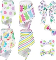 Rissunkv Colorful Easter Ribbon - 4X Eggs Rabbit Printed Spring Theme Wired Edge Ribbon,Decorative Festival Wrapping Rolls