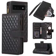 For Google Pixel 6 PU Leather Case Imprinted Zipper Pocket 9 Card Slots Stand Phone Protector