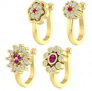 [VAMA] FASHIONS Gold Plated Ruby Stone Clip On Nose Ring Non Piercing Press on Nosepin Combo for Women - Set of 4