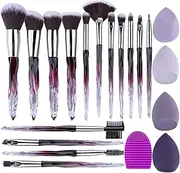 XMOSNZ Makeup Brushes 15pcs Make up Brushes Crystal Handle Highlighter Makeup Foundation Makeup Make Up Brush Sets Eyebrow Brush Professional with 4 Makeup Sponge (20 Piece Set, Purple)