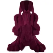 Women's Trailing Long Dress Feather Flared Sleeves Dress Perfect For Bachelorette Parties M Wine Red