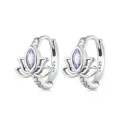 SOLID Sterling Silver Lotus flower Hoop Purple CZ Earrings - AVILIA Designs