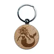Beautiful Mythological Mermaid Engraved Wood Round Keychain Tag Charm