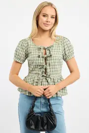 Green Check Tie Front Top Short Sleeve Round Neck - Size 16XL, Women's Top