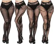 [DOIAESKV] Plus Size Womens Sexy Lace Patterned Tights Fishnet Floral Stockings High Waist Pantyhose for Girls Ladies 4 Pairs