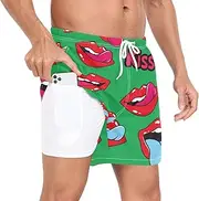 [GuoChe] Mens Swim Trunks Mens 2 in 1 Running Shorts Valentine's Day Lips Kisses Tongue Retro Green with Pockets Gym Shorts, Valentine's Day Lips Kisses Tongue Retro Green, XX-Large
